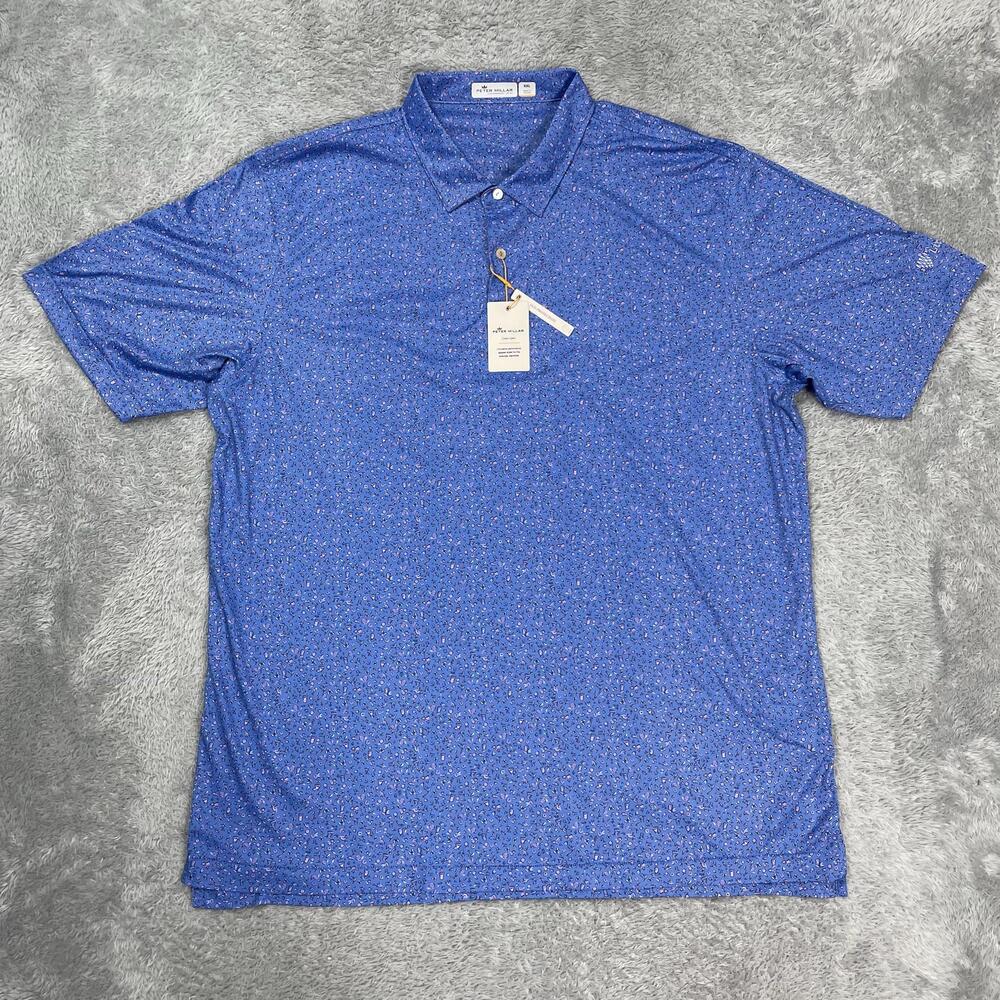 Peter Millar Polo Shirt Mens 2XL Blue Featherweight Golf Beach Print UPF 50+